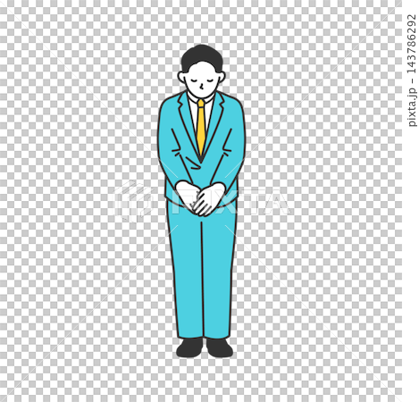 Line art of a full-body male businessman bowing respectfully to express gratitude or apology. Line art of a full-body male businessman bowing respectfully to express gratitude or apology. 143786292