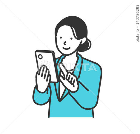 スマホをタッチ操作しアプリ活用や即時連絡を伝える女性ビジネスパーソンの線画素材 スマホをタッチ操作しアプリ活用や即時連絡を伝える女性ビジネスパーソンの線画素材 143786295