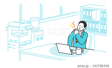 オフィスデスクでPC作業中に右肩を押さえてひどい肩こりや首の痛みに苦しむスーツ姿の男性社員 オフィスデスクでPC作業中に右肩を押さえてひどい肩こりや首の痛みに苦しむスーツ姿の男性社員 143786300