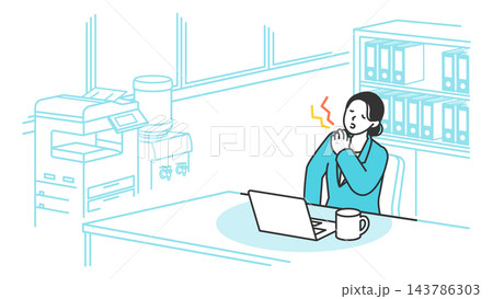 オフィスデスクでPC作業中に右肩を押さえてひどい肩こりや首の痛みに苦しむスーツ姿の女性会社員 オフィスデスクでPC作業中に右肩を押さえてひどい肩こりや首の痛みに苦しむスーツ姿の女性会社員 143786303