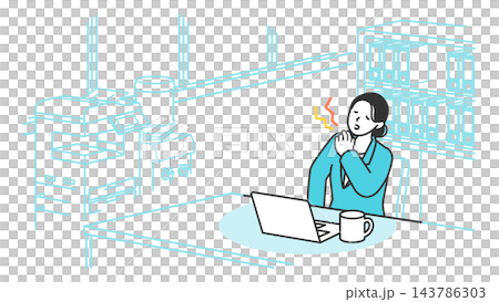 オフィスデスクでPC作業中に右肩を押さえてひどい肩こりや首の痛みに苦しむスーツ姿の女性会社員 オフィスデスクでPC作業中に右肩を押さえてひどい肩こりや首の痛みに苦しむスーツ姿の女性会社員 143786303