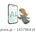 スマートフォンのAI画面に手を伸ばす女子高生-水彩 スマートフォンのAI画面に手を伸ばす女子高生-水彩 143786416
