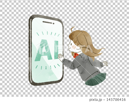 一位高中女生伸手觸摸她智慧型手機的AI螢幕——水彩畫 143786416