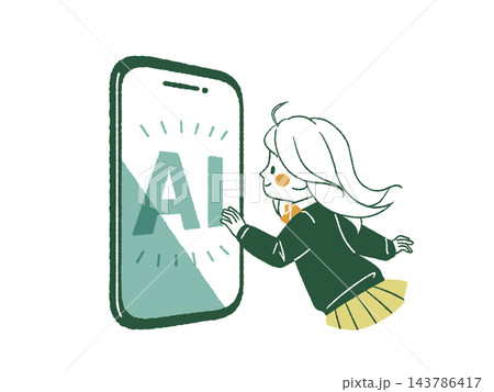 スマートフォンのAI画面に手を伸ばす女子高生-4色 143786417
