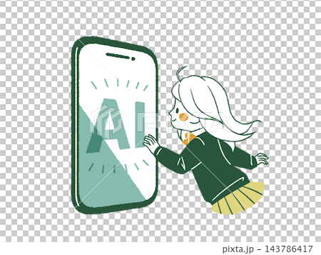 スマートフォンのAI画面に手を伸ばす女子高生-4色 143786417