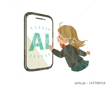スマートフォンのAI画面に手を伸ばす女子高生-ガッシュ 143786418