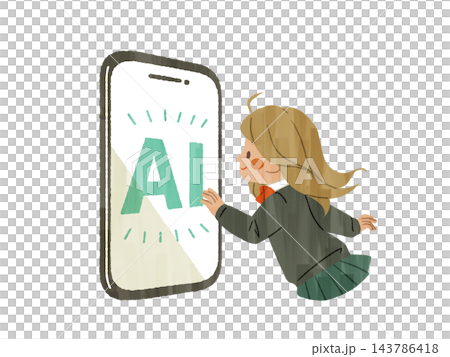 スマートフォンのAI画面に手を伸ばす女子高生-ガッシュ 143786418