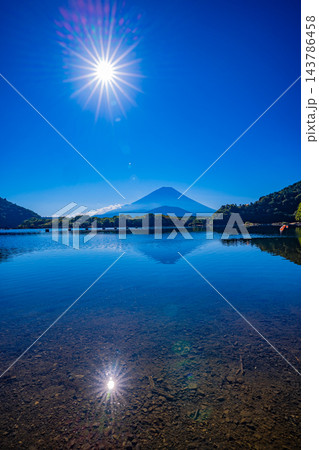 【山梨県】秋の精進湖畔、無風の湖面の向こうに富士山 143786458