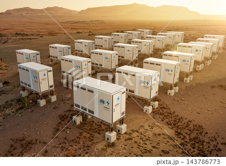 Group of energy storage systems or battery container units in desert Group of energy storage systems or battery container units in desert 143786773