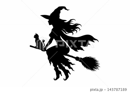 Flying Witch and Black Cat on Broomstick Silhouette Vector Illustration 143787189