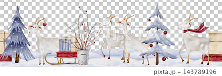Seamless border with watercolor illustration Christmas Goats in winter scene. Hand drawn fir and pine trees with gift boxes and sleighs on snow for cards or banners. Pastel blue and red colors Seamless border with watercolor illustration Christmas Goats in winter scene. Hand drawn fir and pine trees with gift boxes and sleighs on snow for cards or banners. Pastel blue and red colors 143789196