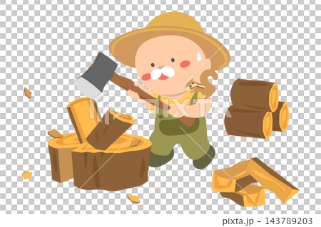 An illustration of an old man chopping firewood. An illustration of an old man chopping firewood. 143789203