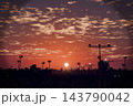 Airport runway approach lights at sunset, sun on horizon, palm trees and city silhouette under orange sky with clouds, 3D illustration of an airfield in warm evening light 143790042