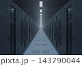 Server room with long aisle between data center racks, ceiling lights and raised floor tiles, 3D illustration of cloud computing, network and storage hardware 143790044