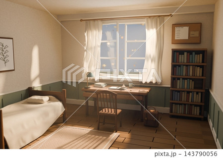 Student room with wooden desk, bookshelf, bed and school bag, open window with curtains and falling autumn leaves, 3D illustration of back to school and study Student room with wooden desk, bookshelf, bed and school bag, open window with curtains and falling autumn leaves, 3D illustration of back to school and study 143790056