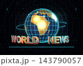 World news title with glowing globe showing Africa and Europe, cyan wireframe grid and orbit rings, 3D illustration of a broadcast television news intro on black 143790057