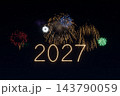 New Year 2027 written with golden sparkler, colorful fireworks bursting in starry night sky, 3D illustration of holiday celebration and greeting 143790059