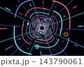 Neon tunnel made of glowing pink, violet and cyan lines, wireframe geometric shapes floating inside, 3D illustration of a retro futuristic vortex on black 143790061