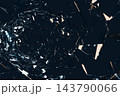 Broken glass shards flying apart, sharp shattered pieces with light reflections on dark blue, 3D illustration of explosion, crash and destruction concept 143790066