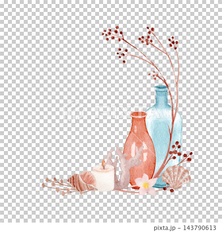 Coastal boho still life with ceramic vases, seashells, candle, coral and delicate berry branches. Hand painted watercolor for posters, wall art, prints, greeting cards, stationery, packaging, branding Coastal boho still life with ceramic vases, seashells, candle, coral and delicate berry branches. Hand painted watercolor for posters, wall art, prints, greeting cards, stationery, packaging, branding 143790613
