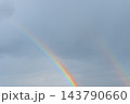 Weather conditions light interaction and beauty of nature. Soft daylight illuminates the clouds and enhances the vivid rainbow arc. Concept of hope optimism tranquility meteorology climate, and 143790660