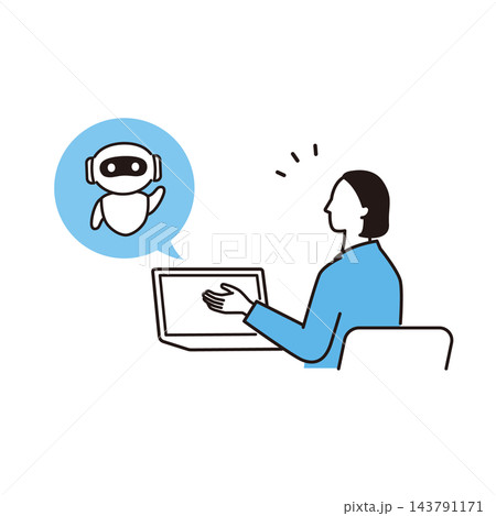 AIアシスタントと会話、仕事でAIを活用する女性の上半身イラスト 143791171