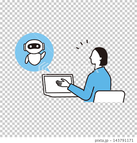 AIアシスタントと会話、仕事でAIを活用する女性の上半身イラスト 143791171