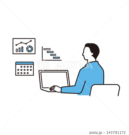デスクワークで業務管理をする男性の上半身イラスト 143791172
