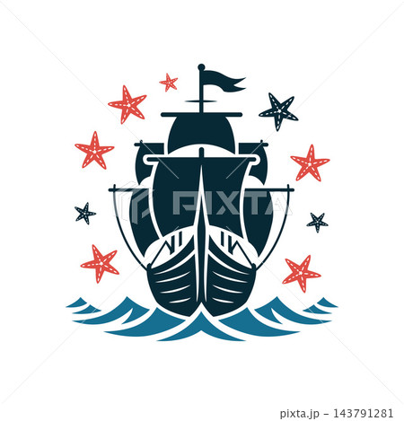 Vintage Sailing Ship Ocean Starfish Emblem Illustration Vintage Sailing Ship Ocean Starfish Emblem Illustration 143791281