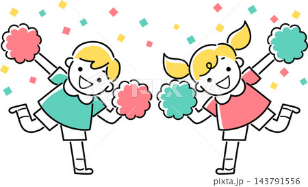 ポンポンを持って踊る女の子と男の子 ポンポンを持って踊る女の子と男の子 143791556