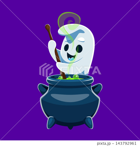 Kawaii ghost brews magic potion in witch cauldron Kawaii ghost brews magic potion in witch cauldron 143792961