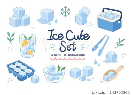 Ice cube set vector illustrations with drinks and cooling items Ice cube set vector illustrations with drinks and cooling items 143793809