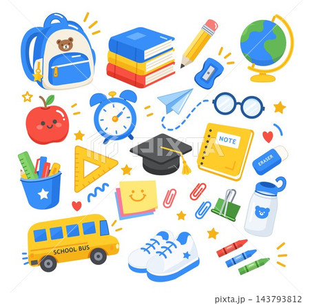 Back to school vector icons set with cute stationery and supplies Back to school vector icons set with cute stationery and supplies 143793812