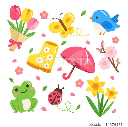 Cute Spring Icons Collection with Flowers, Bird, and Rain Boots 143793814