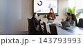 Business professionals attending presentation with charts in conference room, banner 143793993