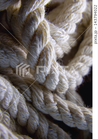 Vertical close-up of a natural twisted cotton rope illuminated by dramatic light. 143794022