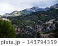 Mountain landscape with pine-covered rocky ridges under cloudy sky 143794359