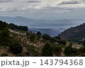 Moody mountain landscape with cloudy sky and forested valley 143794368