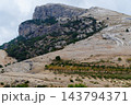 Rocky mountain cliff with olive grove and arid Mediterranean landscape 143794371
