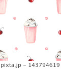 Milkshake watercolor seamless pattern with pastel pink strawberry drink in takeaway cup topped with whipped cream and chocolate sprinkles, red cherries and candies. Sweet cafe repeat background 143794619