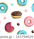 Donuts seamless watercolor pattern with pink, blue and chocolate glazed doughnuts, colorful sprinkles and round candies. Playful bakery repeat background for packaging and wrapping paper 143794620