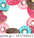 Glazed doughnuts square watercolor frame with copy space. Hand drawn banner template for bakery menu in bright neon colors, banner and party invitation. Delicious dessert with pink icing and sprinkles 143794622