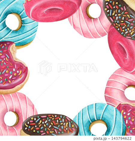 Glazed doughnuts square watercolor frame with copy space. Hand drawn banner template for bakery menu in bright neon colors, banner and party invitation. Delicious dessert with pink icing and sprinkles Glazed doughnuts square watercolor frame with copy space. Hand drawn banner template for bakery menu in bright neon colors, banner and party invitation. Delicious dessert with pink icing and sprinkles 143794622