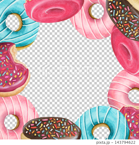 Glazed doughnuts square watercolor frame with copy space. Hand drawn banner template for bakery menu in bright neon colors, banner and party invitation. Delicious dessert with pink icing and sprinkles Glazed doughnuts square watercolor frame with copy space. Hand drawn banner template for bakery menu in bright neon colors, banner and party invitation. Delicious dessert with pink icing and sprinkles 143794622
