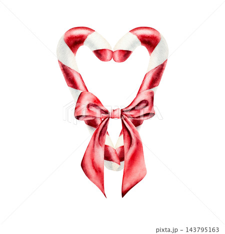 Watercolor Christmas candy cane heart shape with red ribbon bow. Hand drawn traditional holiday sweet food illustration for New Year, lollipop with satin bow, menu design isolated on white. Watercolor Christmas candy cane heart shape with red ribbon bow. Hand drawn traditional holiday sweet food illustration for New Year, lollipop with satin bow, menu design isolated on white. 143795163
