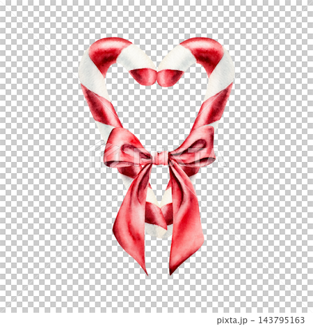 Watercolor Christmas candy cane heart shape with red ribbon bow. Hand drawn traditional holiday sweet food illustration for New Year, lollipop with satin bow, menu design isolated on white. Watercolor Christmas candy cane heart shape with red ribbon bow. Hand drawn traditional holiday sweet food illustration for New Year, lollipop with satin bow, menu design isolated on white. 143795163