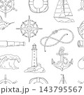 Nautical symbols line seamless pattern. Travel and tourism background. Retro style conceptual illustration. 143795567