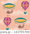 Seamless cartoon pattern with hot air balloons and cumulus clouds on pink sky background 143795789