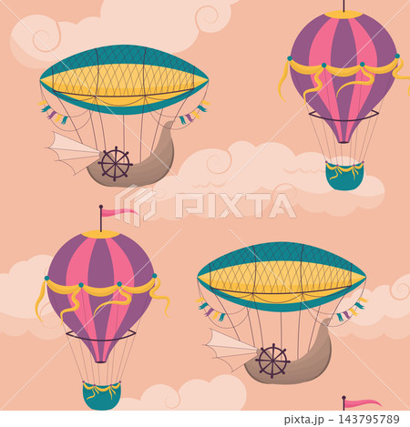 Seamless cartoon pattern with hot air balloons and cumulus clouds on pink sky background Seamless cartoon pattern with hot air balloons and cumulus clouds on pink sky background 143795789