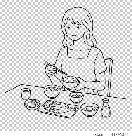 一位女士正在享用日式早餐(黑白照片) 一位女士正在享用日式早餐(黑白照片) 143795836